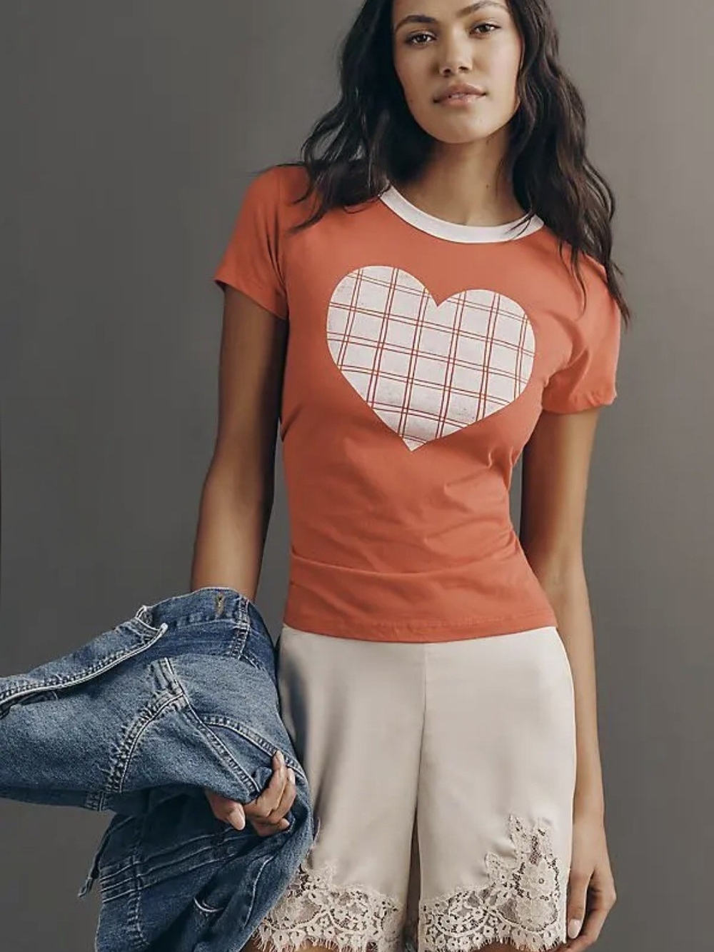 NWT Letluv For Anthropologie Red Plaid Heart Ringer Tee